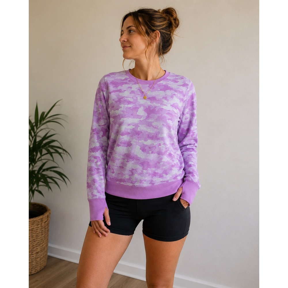 Tek Gear Womens XL Purple Lilac Camo Crewneck Sweatshirt Thumbholes Athletic Top